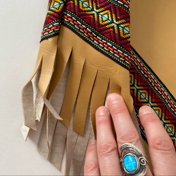 Vintage Native American Fringe Vegan Leather Sheath Dress Embroidery Tan Gold M - Picture 14 of 14